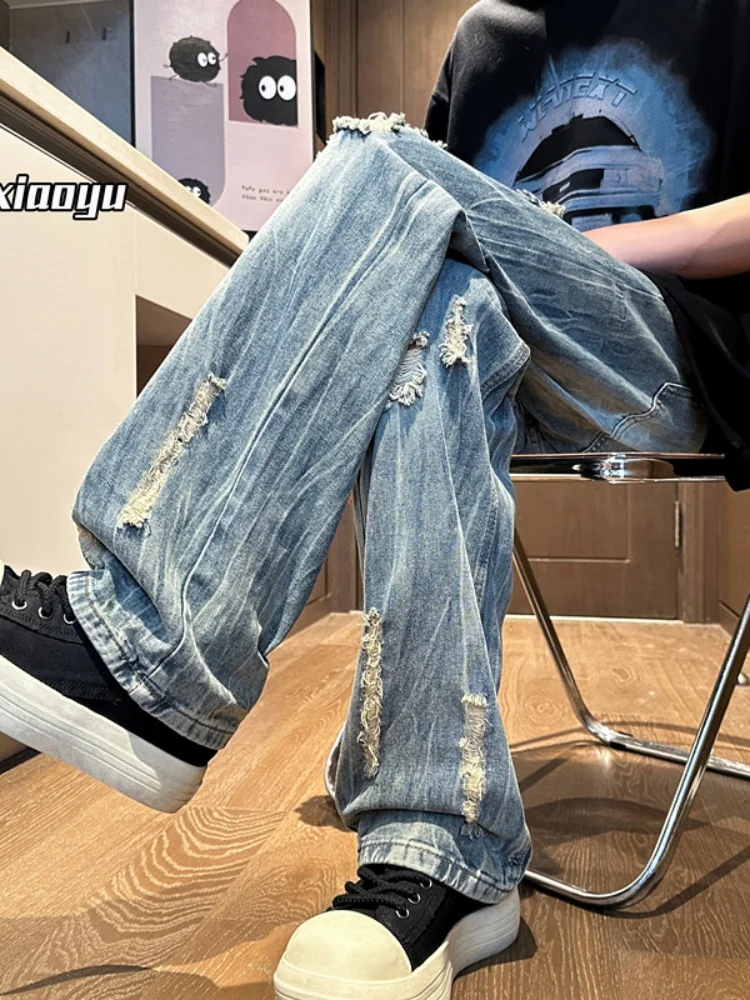 

Washed Ripped Loose Fit Thin Summer Jeans Men's Straight Leg Bell Bottoms American High Street Style Youth Fashionable Trousers