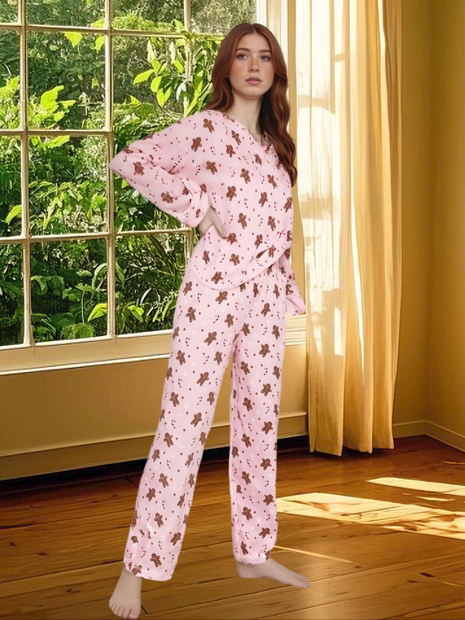 Roupas femininas de Natal casual estampa de pão de gengibre tops de manga comprida e calças elásticas conjunto de 2 peças streetwear