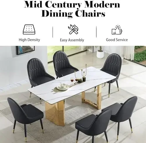 Black Dining Chairs Set of 2 with High Backs Mid Century Modern Kitchen Dining Room Chairs PU Faux Leather Upholstered view 6