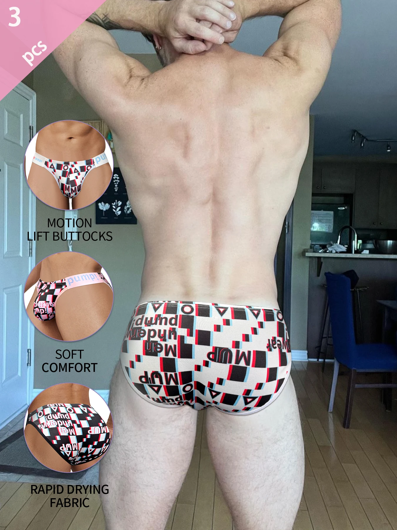 

3pcs-Mixed New Arrivals Sexy High Cut Men's Underwear Trend Fashion Grid Men Brief Low Waist Sports Hip Raise U Pouch Underpants
