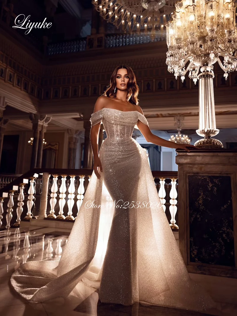 Liyuke Bling 2 In 1 Mermaid Wedding Dresses Pleats Strapless Beading Pearls Lace Off The Shoulder Trumpet Bridal Gown