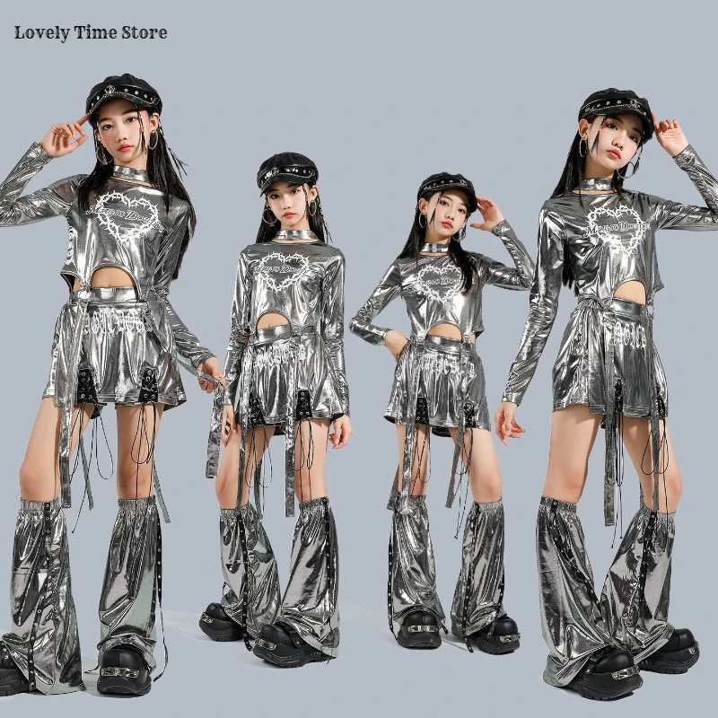 Hip Hop Girls Shiny Crop Top Silver Street Dance Shorts Kids K-pop Streetwear Costume Children Jazz Girl Group Teens Clothes Set