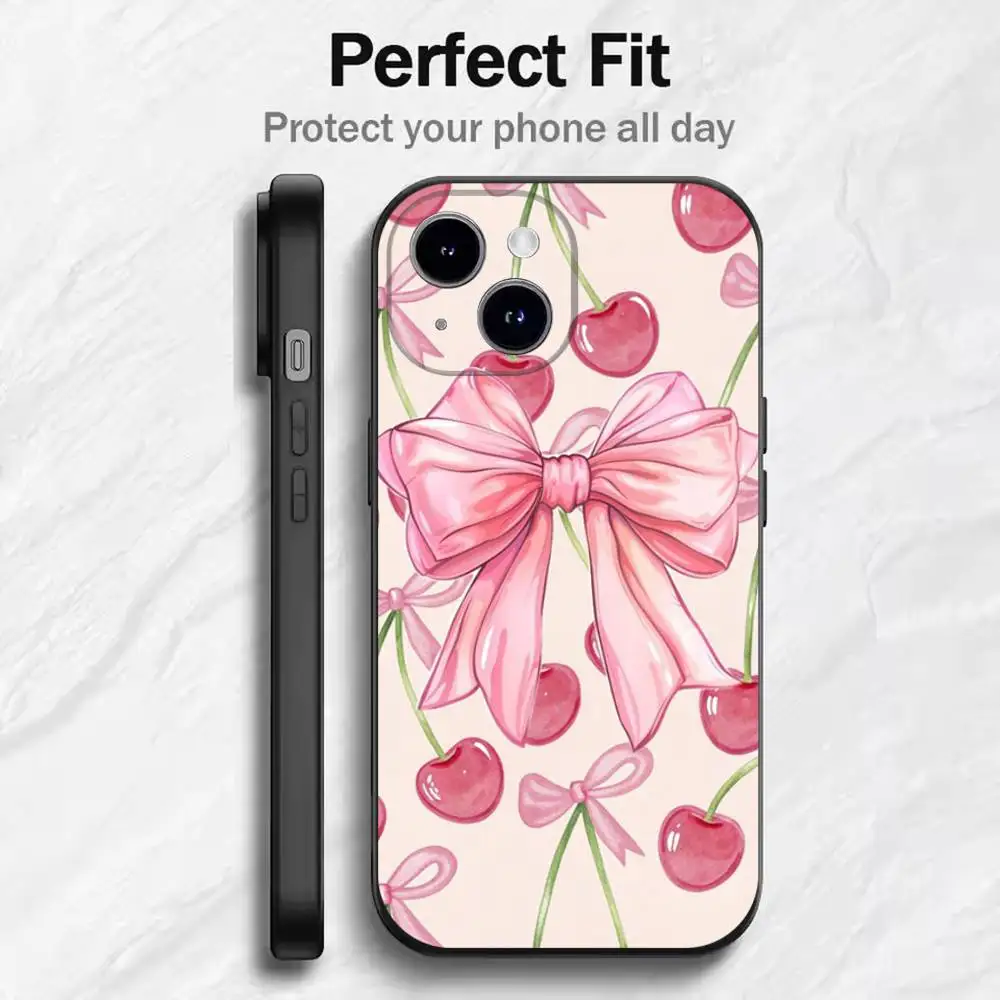 Casing iPhone Lucu Motif Buah Ceri Pink Untuk 17 16 15 14 13 12 11 Mini XS XR X 6S 6 Pro Max Plus Hitam Bahan Lembut