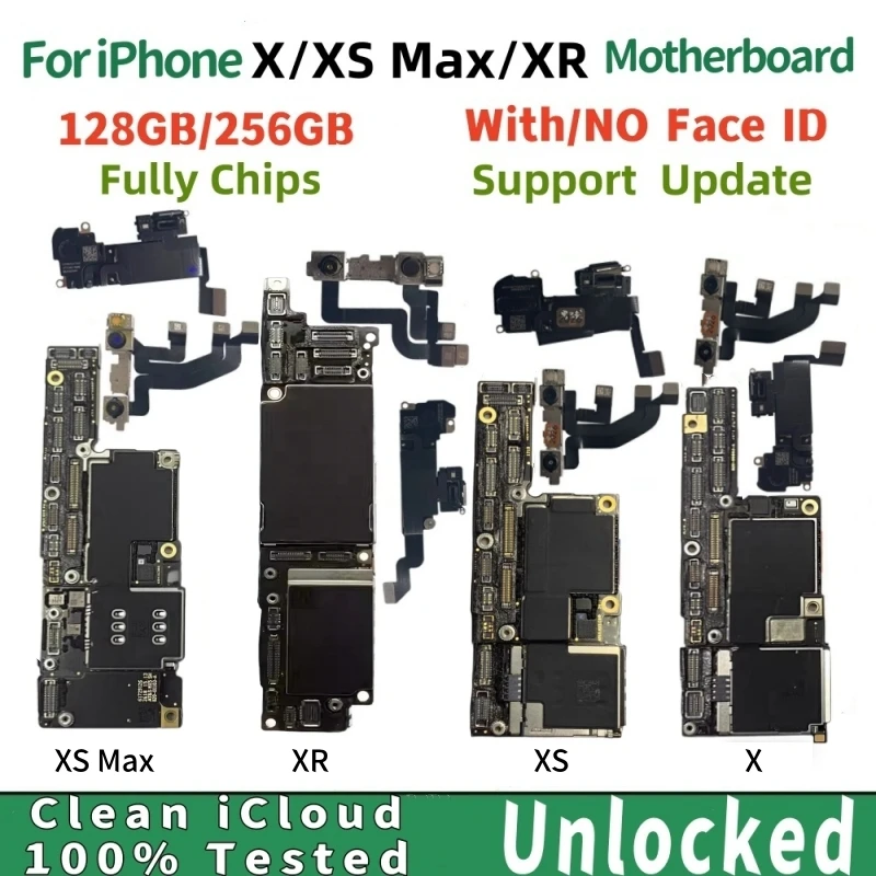 100% en funcionamiento para iPhone X XR XS Max placa base con identificación facial soporte desbloqueado actualización placa lógica placa base iCloud limpia