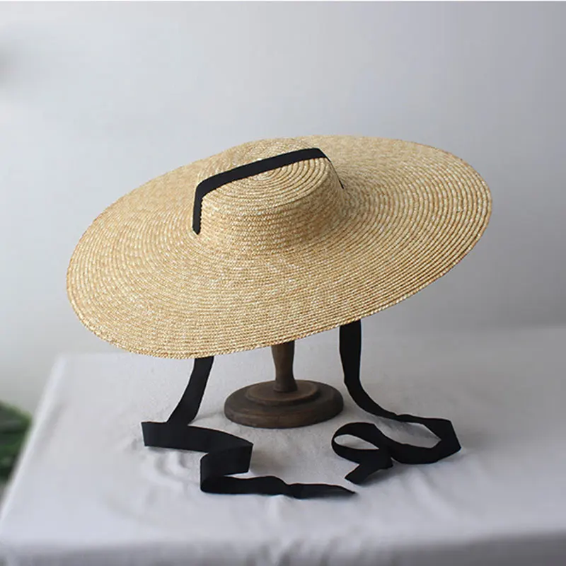 New Summer Straw Flat Top Large Brim Tie Straw Hat Wide Brim Women\'s Hat Vintage Stylish Beach Straw Hat Sombrero Mujer Playa