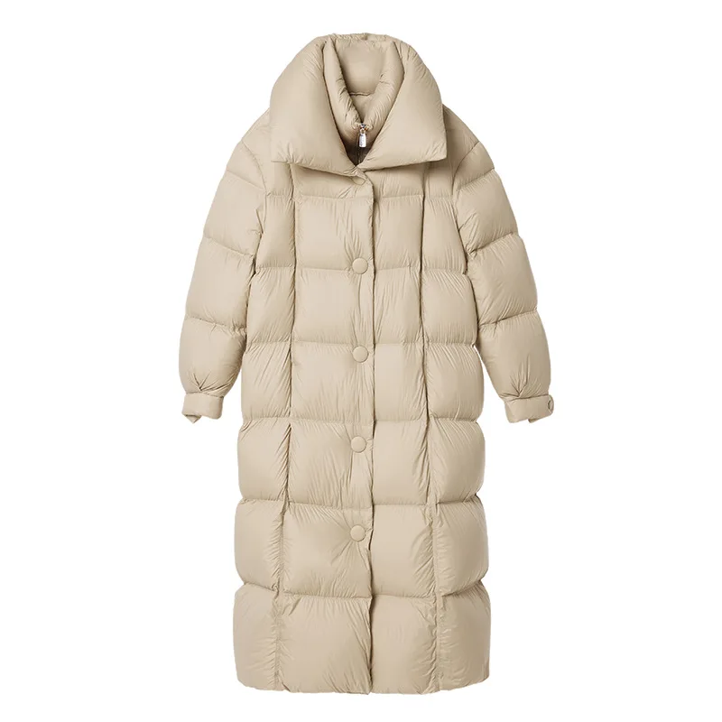 新しいヨーロッパスタイルの膝上丈レディースダウンジャケット、厚手カジュアルルーズホワイトダックダウンアウターコート
