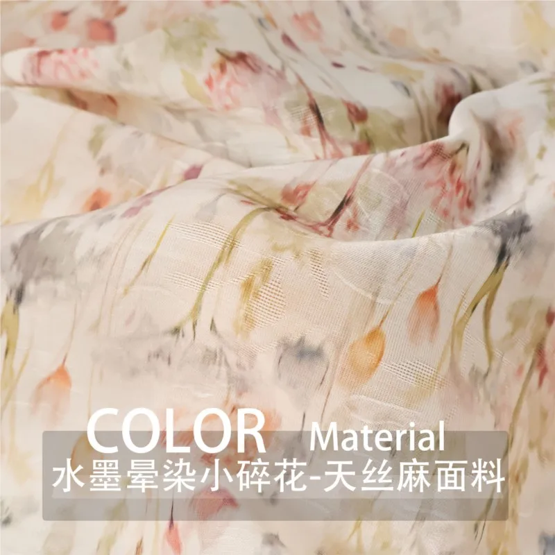 Colored ink-dyed small floral print dark jacquard linen fabric for Hanfu