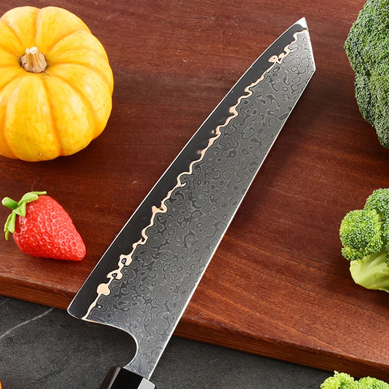8 Inch Kiritsuke Knife Tricolour Copper Damasus Steel Blade Ebony Handle Cleaver Slicing Japanese Kitchen Knives Cooking Tools