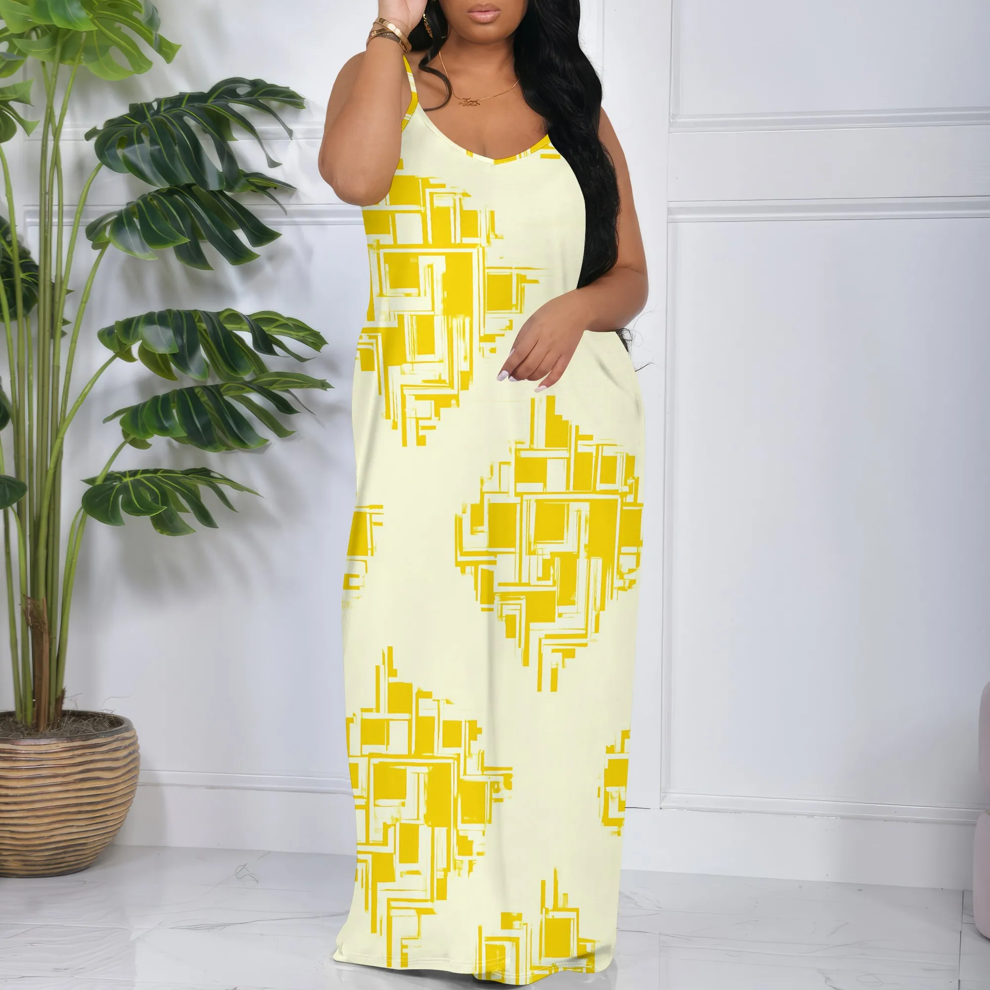 Women's Summer Geometric Print Sling Dress S-3XL Loose Plus Size Modern Art Style Maxi Dress Casual Vacation Beach Dress