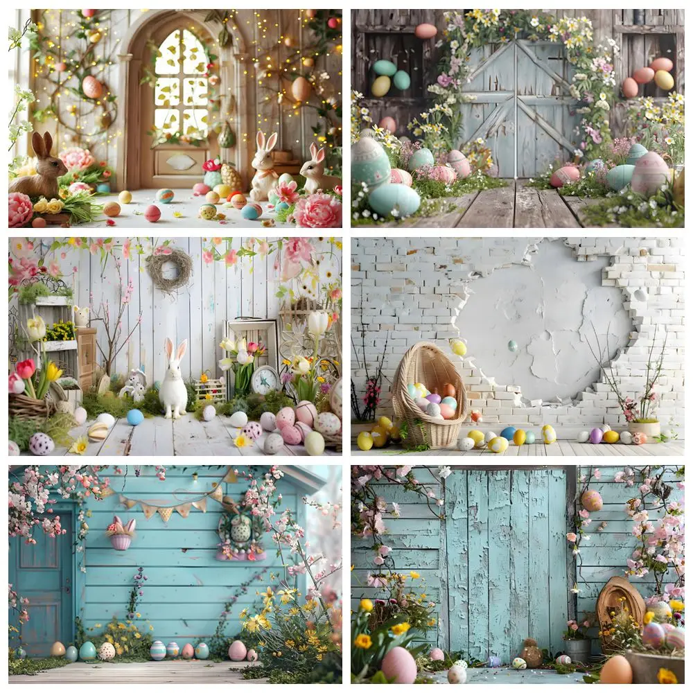 

Spring Easter Backdrop Colorful Eggs Rabbits Interior Baby Kid Birthday Party Portrait Photography Background Decor Photo Studio