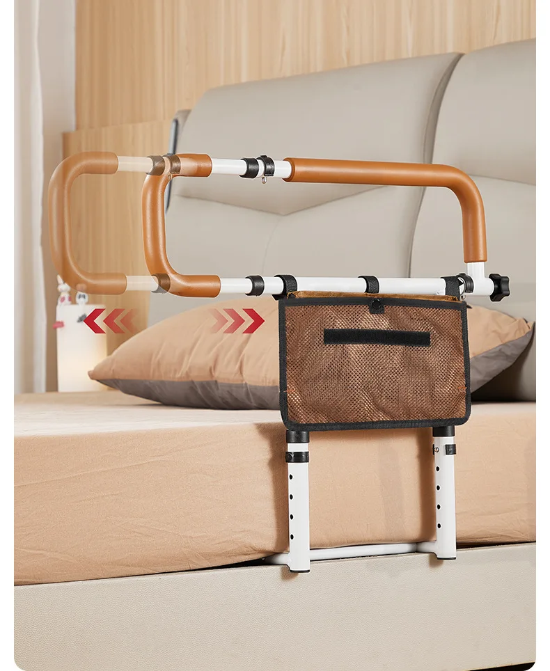 ที่จับช่วยพยุงข้างเตียงแบบปรับได้ - ที่วางแขนกันลื่นแบบกว้างพร้อมกระเป๋าเก็บของ ราวจับป้องกันการล้มสำหรับผู้สูงอายุและผู้พิการ