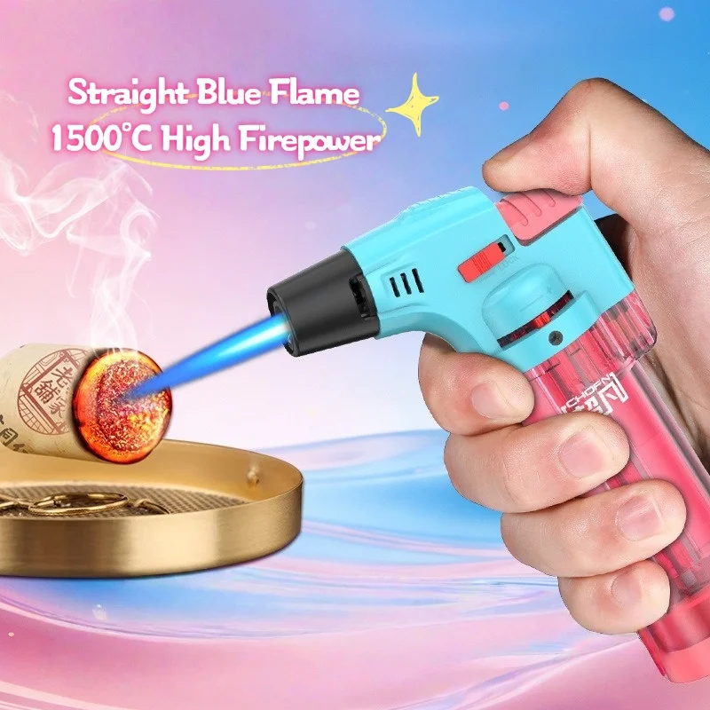 Stylish Color-Block Transparent Body Windproof Butane Torch Lighter Multi-Functional Household Kitchen Gas Igniter Gifts view 3