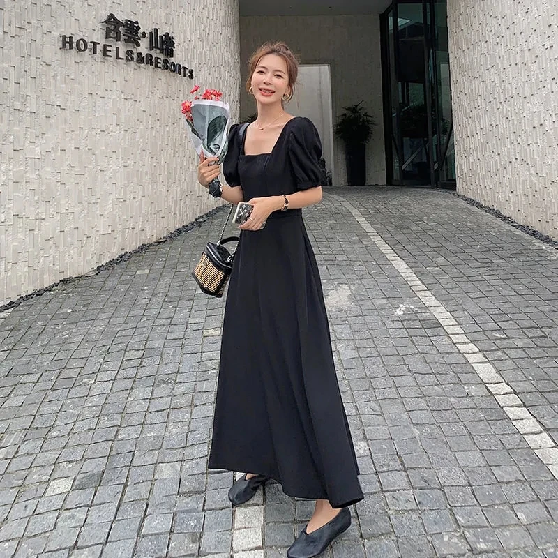 Women's Square Collar Pullover Dress 2024 Summer New Party Evening Dresses Female Slim Retro High Waist Bubble Sleeve Long Dress