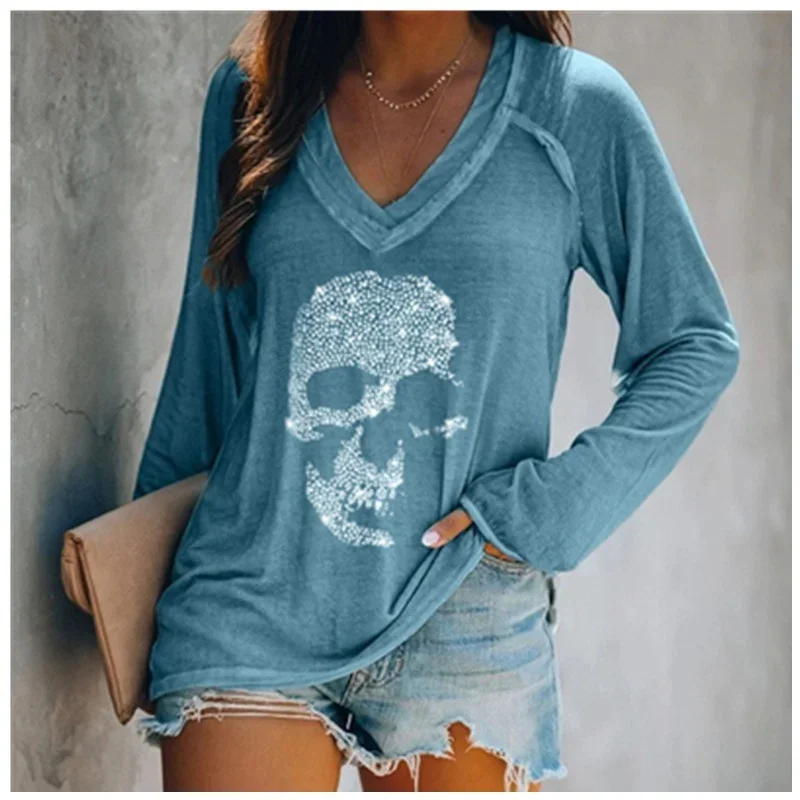 Womens Autumn Winter Fashion Clothes Casual Long Sleeved T-shirt Loose Skull Printed Blouse Ladies V-neck Shirts Cotton Tops