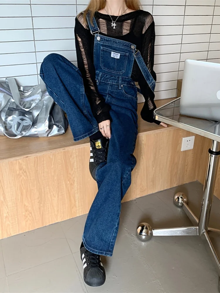 

High waisted denim overalls for women in autumn, retro loose straight leg pants with high and wide legs floor length pants