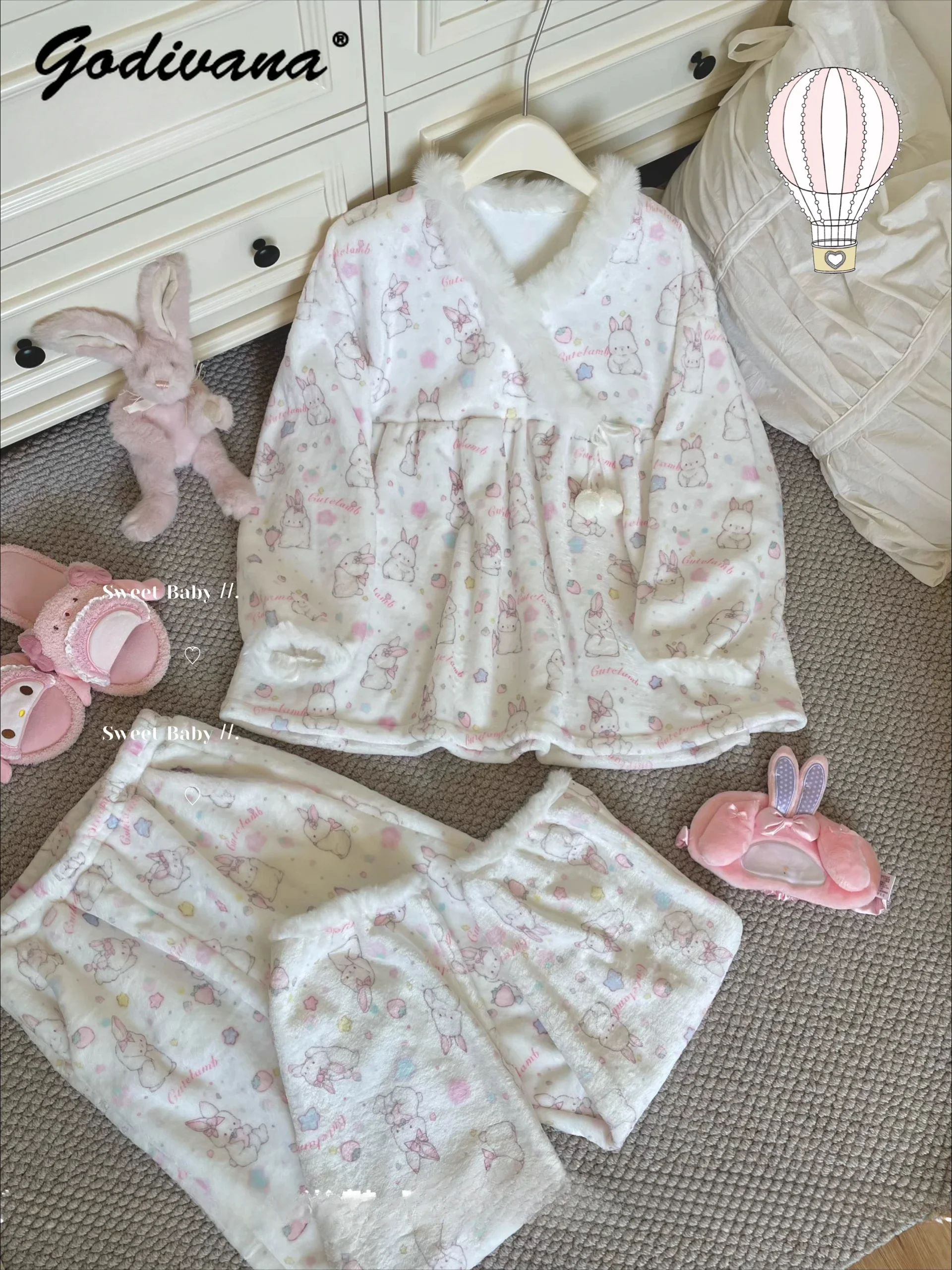 Double-sided Flannel Pajama Set Girls Autumn and Winter Cute Cartoon Rabbit Printed Plush Loungewear V Neck Soft Warm Sleepwear