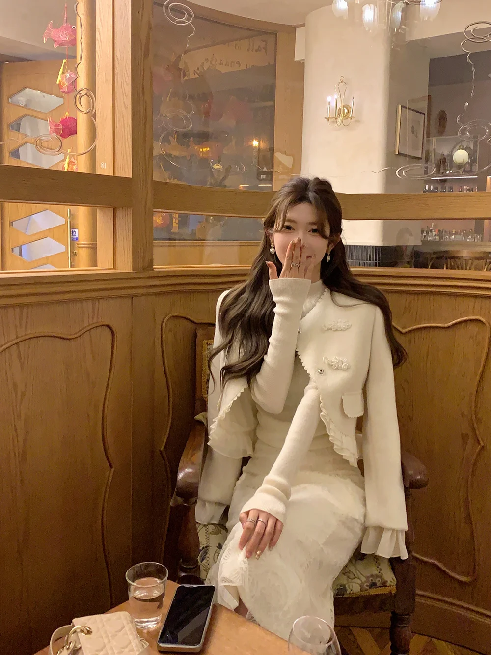 

NMIOK ort Wool Blend Coat Women's Faion Patchwork Lace Wood ain Ear Design Pure Color round Ne Long Sve Slim Fit Top