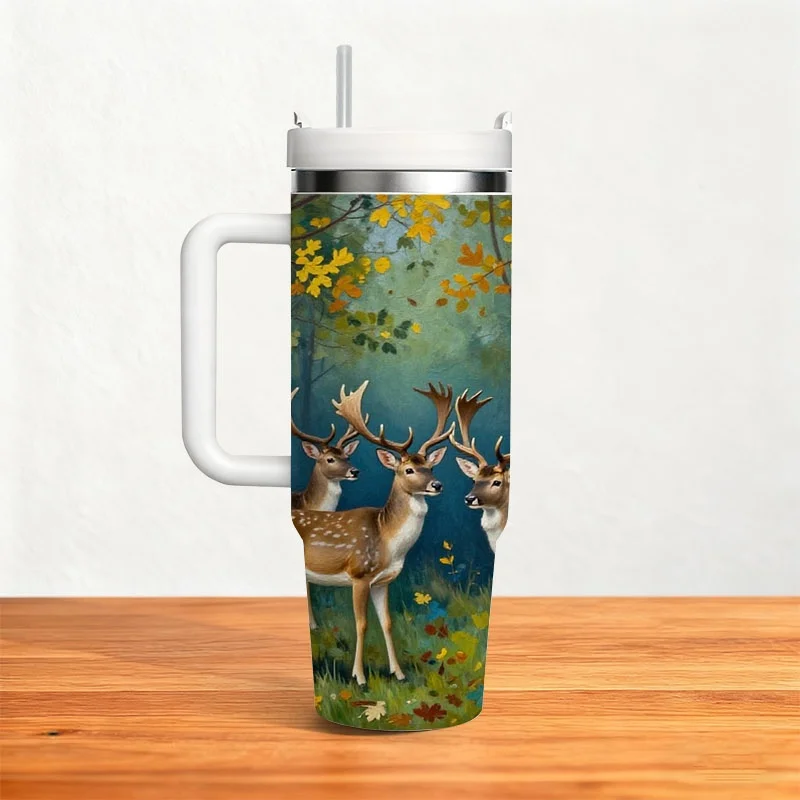 40Oz Stainless Steel Insulated Tumbler, Digital Print Autumn Forest Deer Pattern, Reusable Hot And Cold Drink Cup for Everyday Commute, Office, Outdoor Travel Use