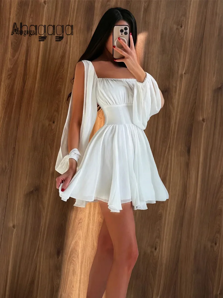 

Ahagaga Women Elegant Summer Mini Dresses Off Shoulder Flare Sleeve Slash Neck A-Line Slim Casual Vacation Club Party Vestidos