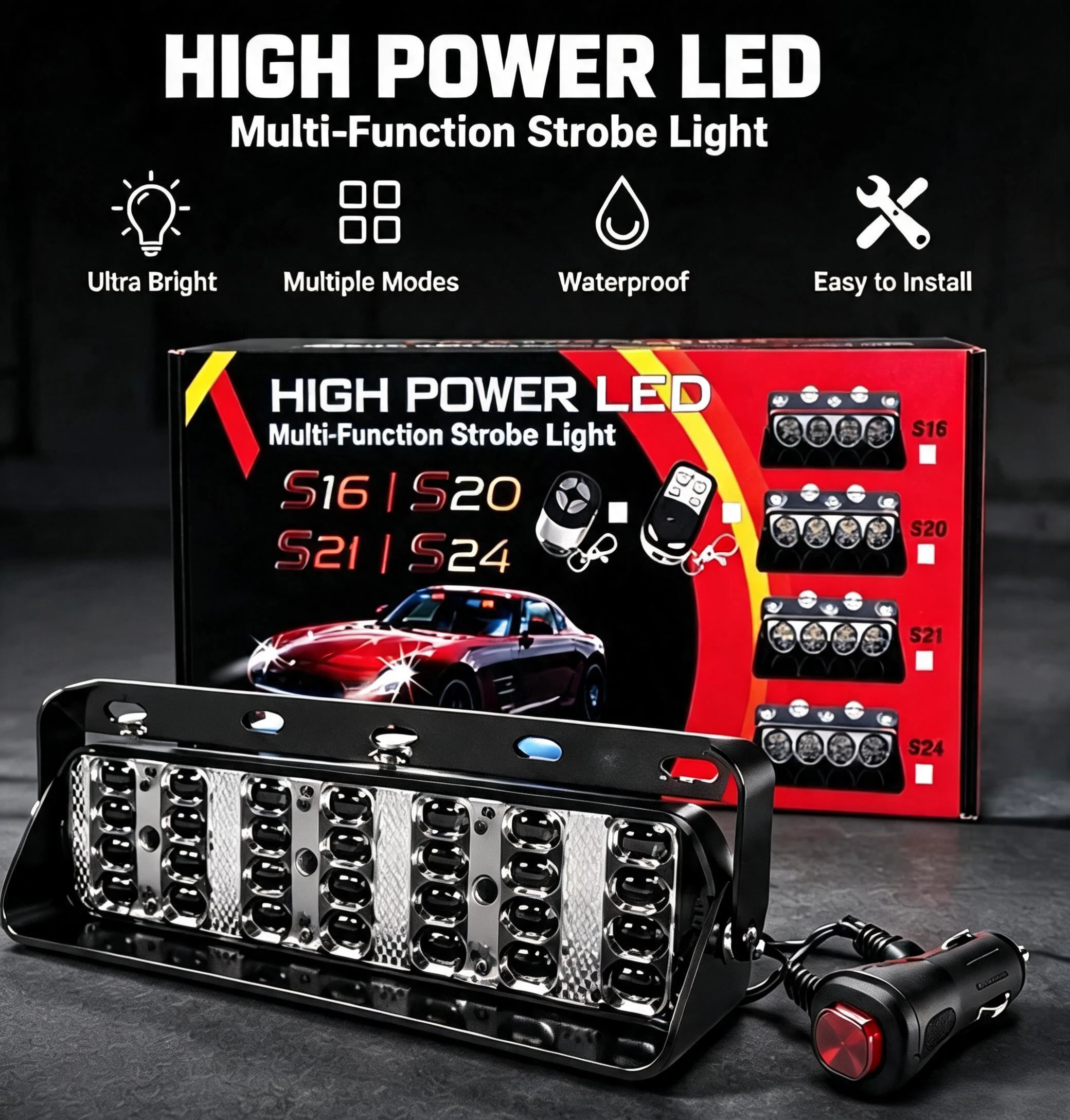 32 LED Car Windshield Strobe Warning Light 12-24V Emergency Flashing Dash Light with Cigarette Lighter Plug Suction Mount