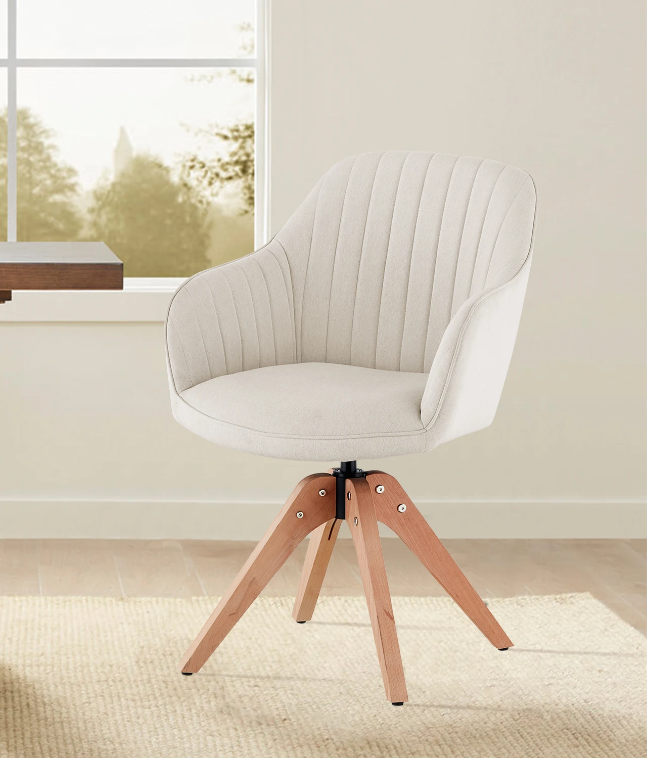 Silla de Comedor, Juego de 1 Silla Tapizada con Tela de Lino/Terciopelo, Silla Giratoria con Patas de Madera