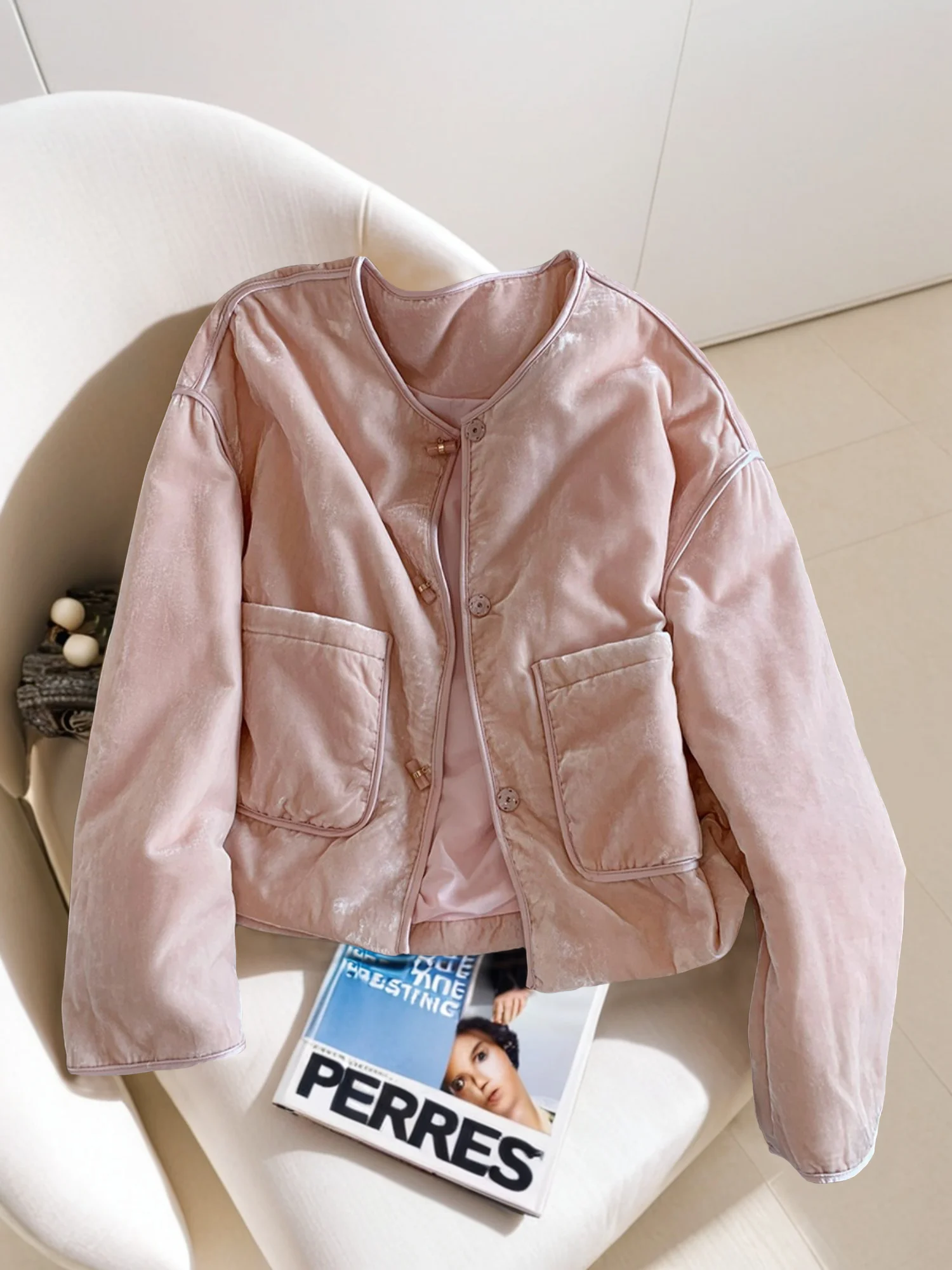 

New Chinese Sle Sweet Pink Velvet Cotton Jaet Women's Autumn Winter Lightweight round Ne Coat Soft Ele Youthful