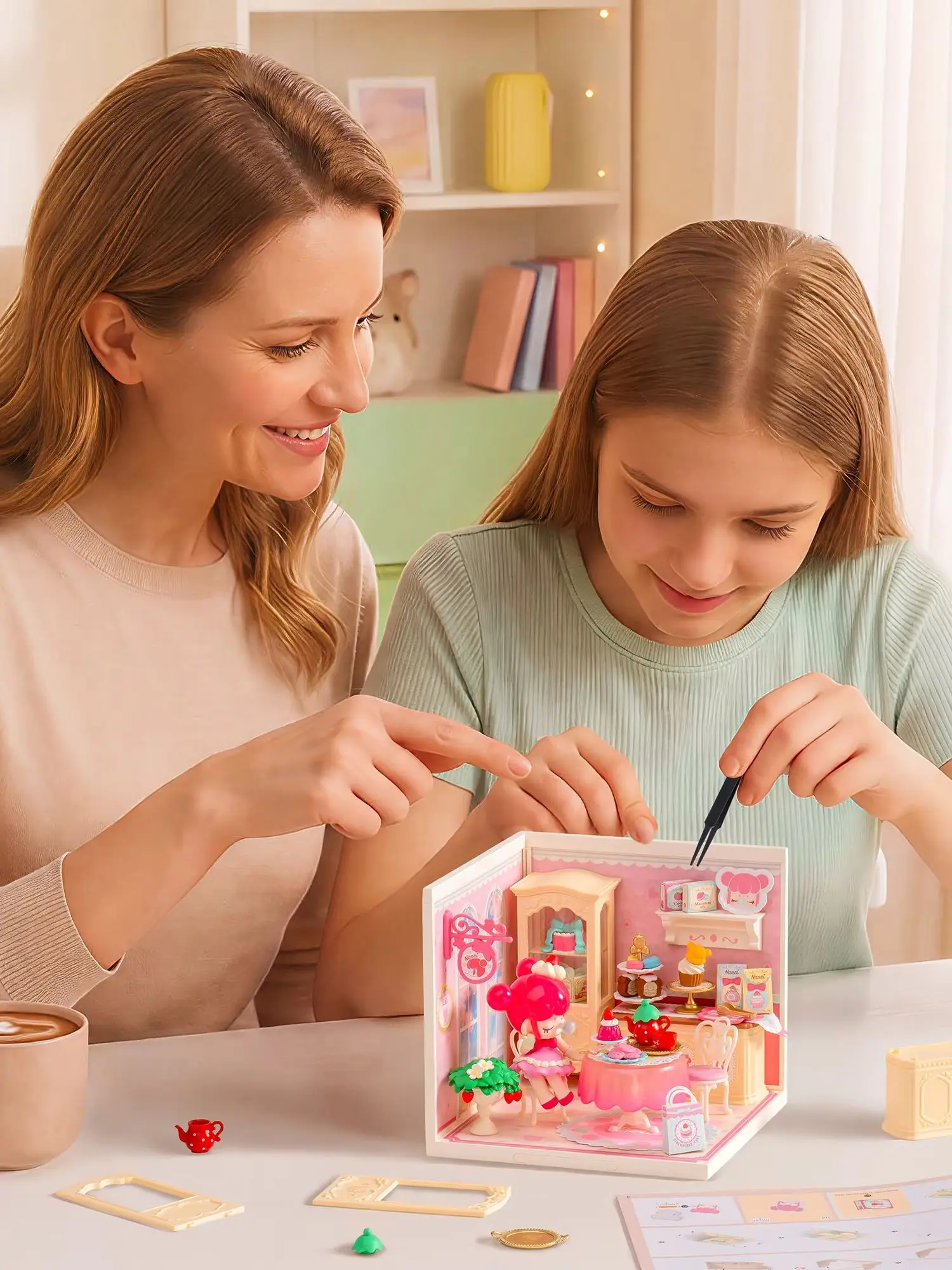 Robotime Erdbeer-Teezimmer Diorama Kawaii Miniaturhaus-Set mit Nanci-Figur, Tiny Room Kit, stapelbares Spielzeug-Bauset für Erwachsene