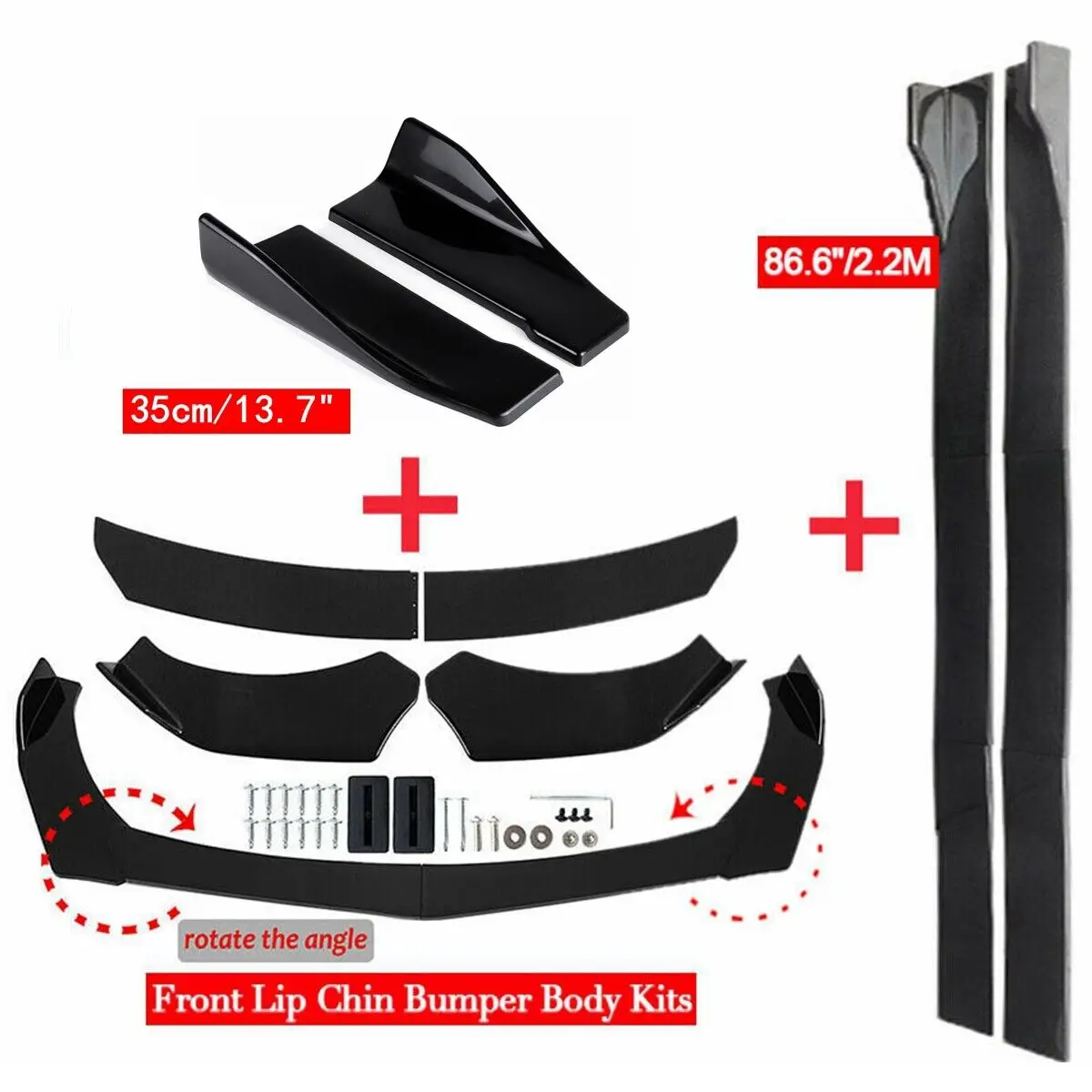 

For Car Universal Front Lip Chin Bumper Body Kits 2M Side Skirt Extension +35cm Rear Bumper Canard Splitter Exterior Accessories