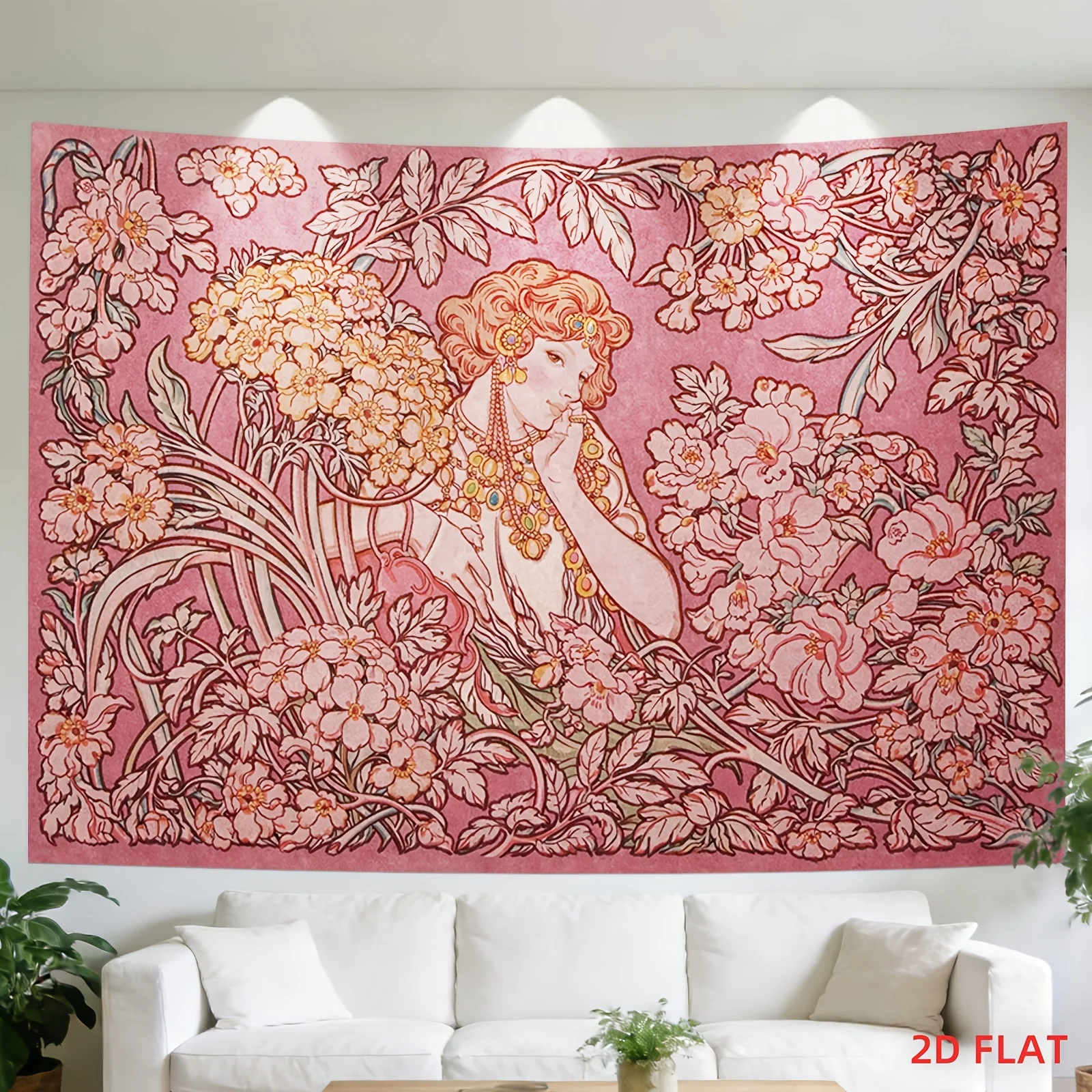 1pc Mucha Style Pink Goddess Floral Tapestry, Art Nouveau Lady Flower Vine Wall Hanging, Multiple Sizes, Polyester 2D Print, Bed
