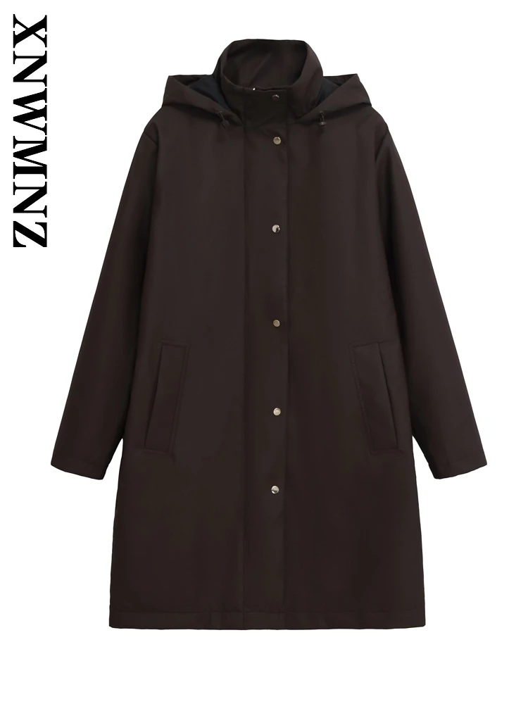 

XNWMNZ 2025 осенняя новая женская винтажная куртка средней длины с воротником с капюшоном и длинными рукавами, повседневное женское черное пальто на молнии