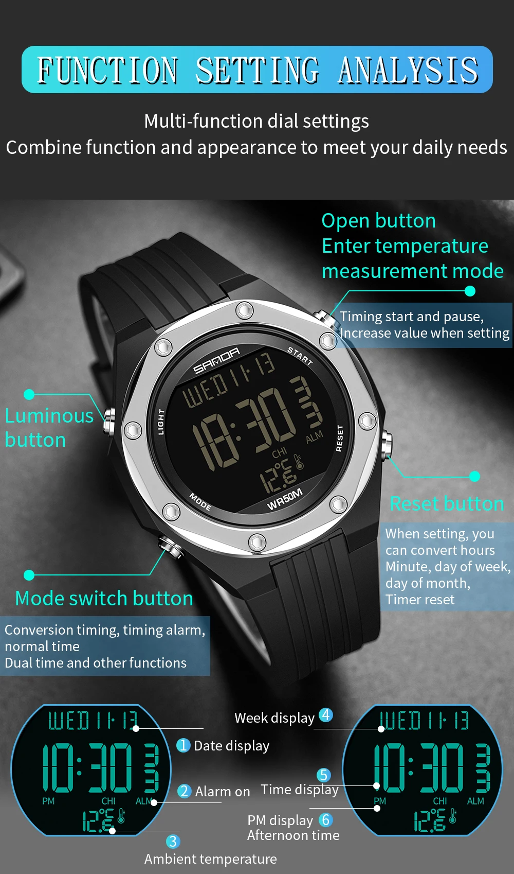 SANDA NEW Fashion Military Men\'s Watches Body Temperature Monitor 50M Waterproof Sports Watch LED Electronic Wristwatches 6028