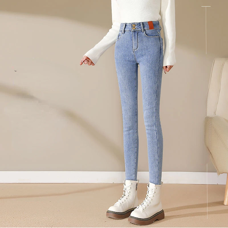 Slimming Winter Jeans, Women\'s Autumn Winter Fleece-Lined High Waist Pencil Pants Stretchy Light Blue Denim Trousers Jeans Woman