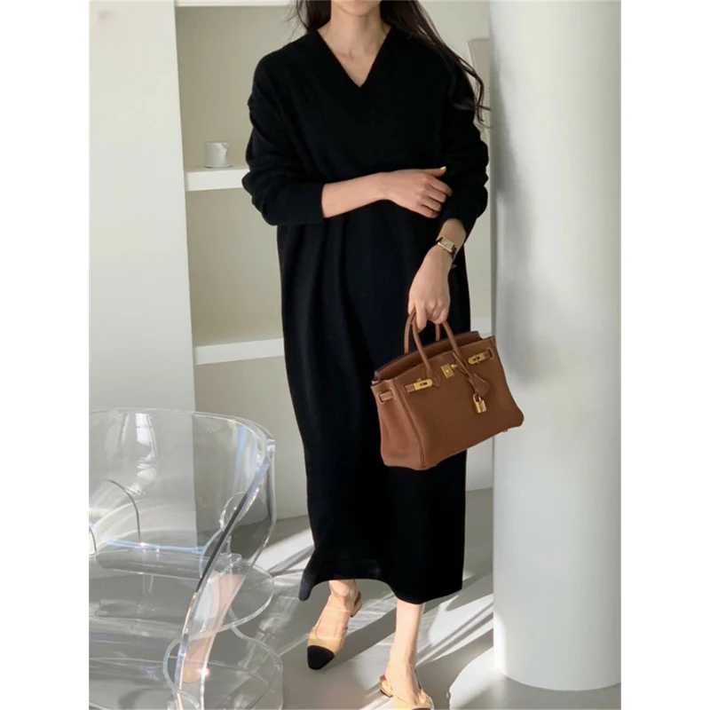 

BGTEEVER Винтажное женское вязаное платье с длинным рукавом, свободного кроя, теплое, осенне-зимнее, повседневное, с V-образным вырезом, свитер-платье, Vestidos