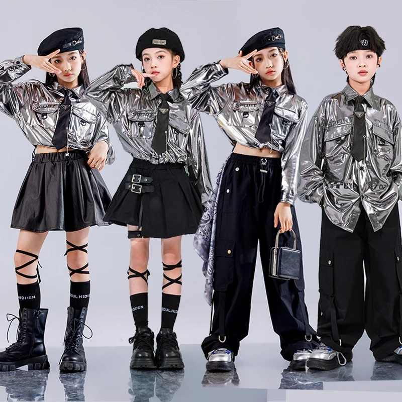 

Children Hip Hop Jazz Dance Clothing Girls Kpop Stage Outfit Boys Street Dance Stage Wear Silver Shirt Black Skirt Shuffle Pants