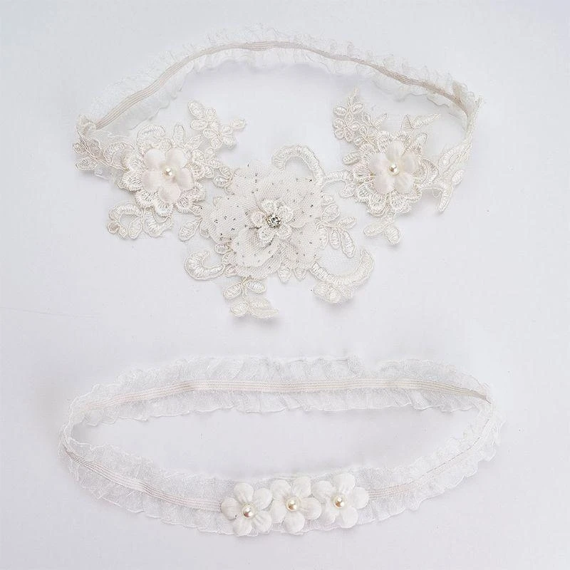 2Pcs/Set Womens Bridal Stretch Wedding Thigh Rings Embroidery Flower Faux Pearl Rhinestone Jewelry Prom Party Leg Garter