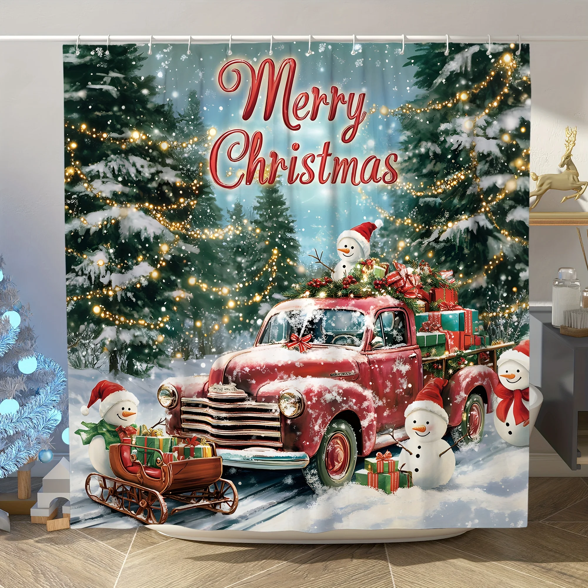 4PCS Merry Christmas Winter Shower Set, Snowman Truck Red Green Print, 12 Hooks, Non-Slip Mat, U-Seat Cover, Holiday Decor