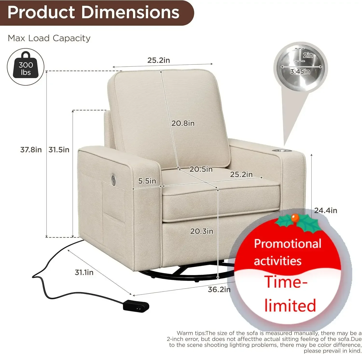 Swivel Square Accent Chair with Wide Armrests,360° Rotating Comfy Single Sofa Chairs with USB/Type-C,Cup Holder & Side Pocket,Mo