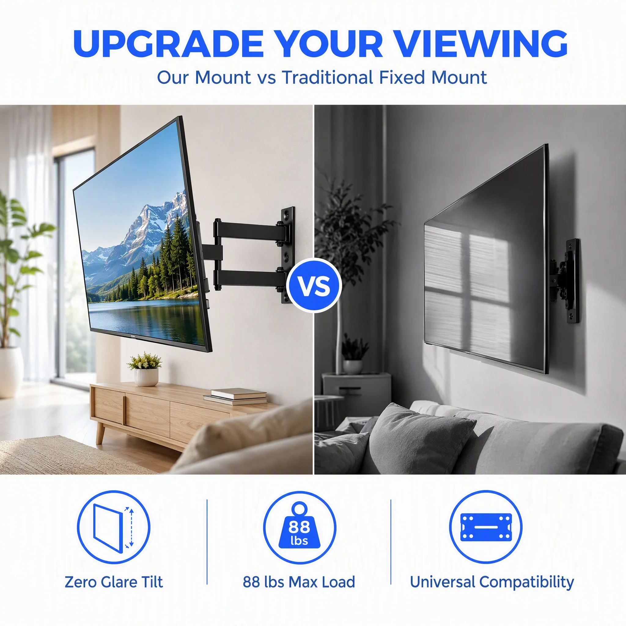 Full Motion TV Wall Mount for 32-65 Inch Flat Screen LED LCD TVs, Holds up to 88 lbs, 18.7in Max Extension, 180° Swivel, 5° Up & 15° Down Tilt, VESA 100x100 to 400x400mm Matte Black Universal TV Wall Bracket