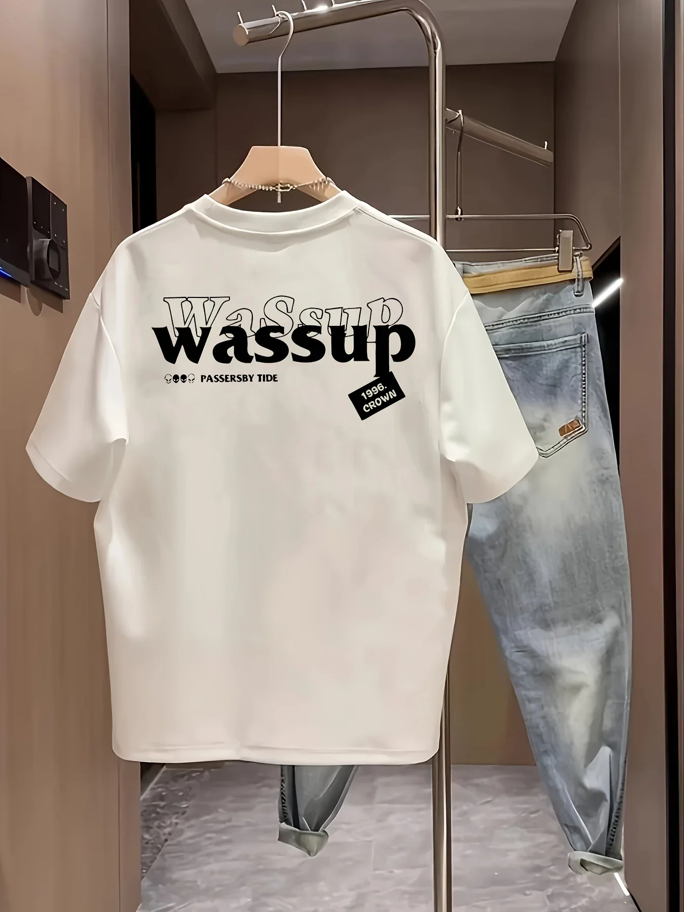 Men's 100% Cotton T-Shirt, Stylish Double-Layer Wassup Lettering Double-Sided Print Loose Fit Black and White Graphic T-Shirt