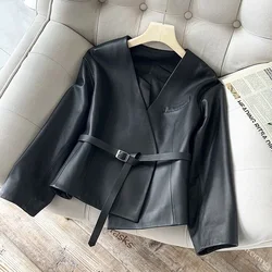 Manteau en cuir véritable avec ceinture à col en V pour femmes, streetwear féminin élégant, vestes de bureau noires, vêtements de printemps pour femmes, 2023