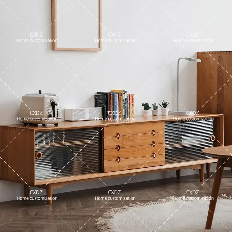 Modern Japanese Style Solid Wood TV Cabinet Cherry Wood Floor Standing Media Console with Sliding Doors and Removable Back