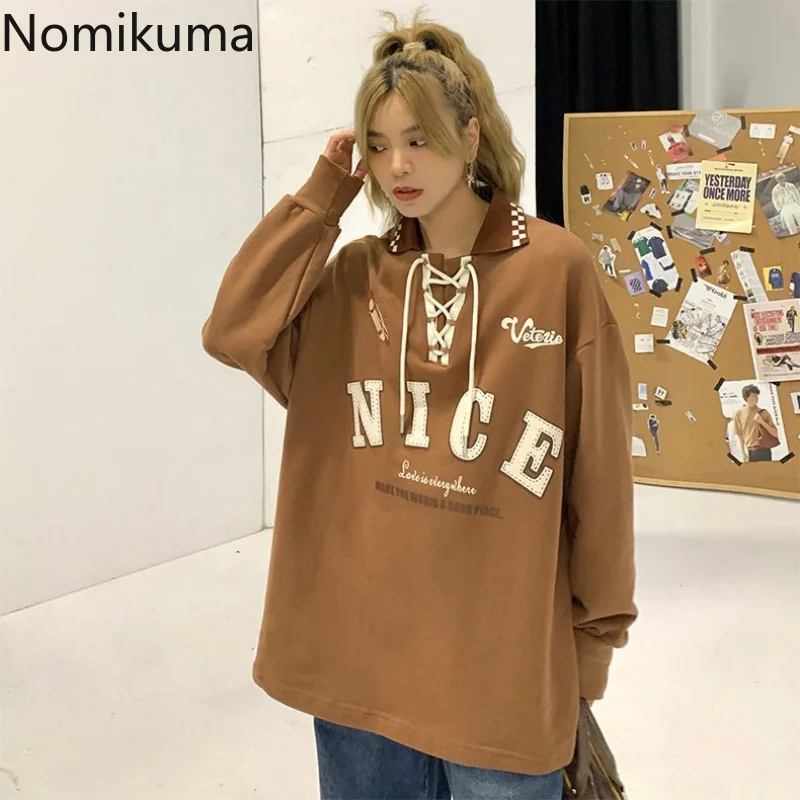 Nomikuma البلوز ربيع الخريف التباين اللون رسالة طباعة فضفاض الجمالية سوداديراس موضة Harajuku Preppy Y2k الشارع الشهير