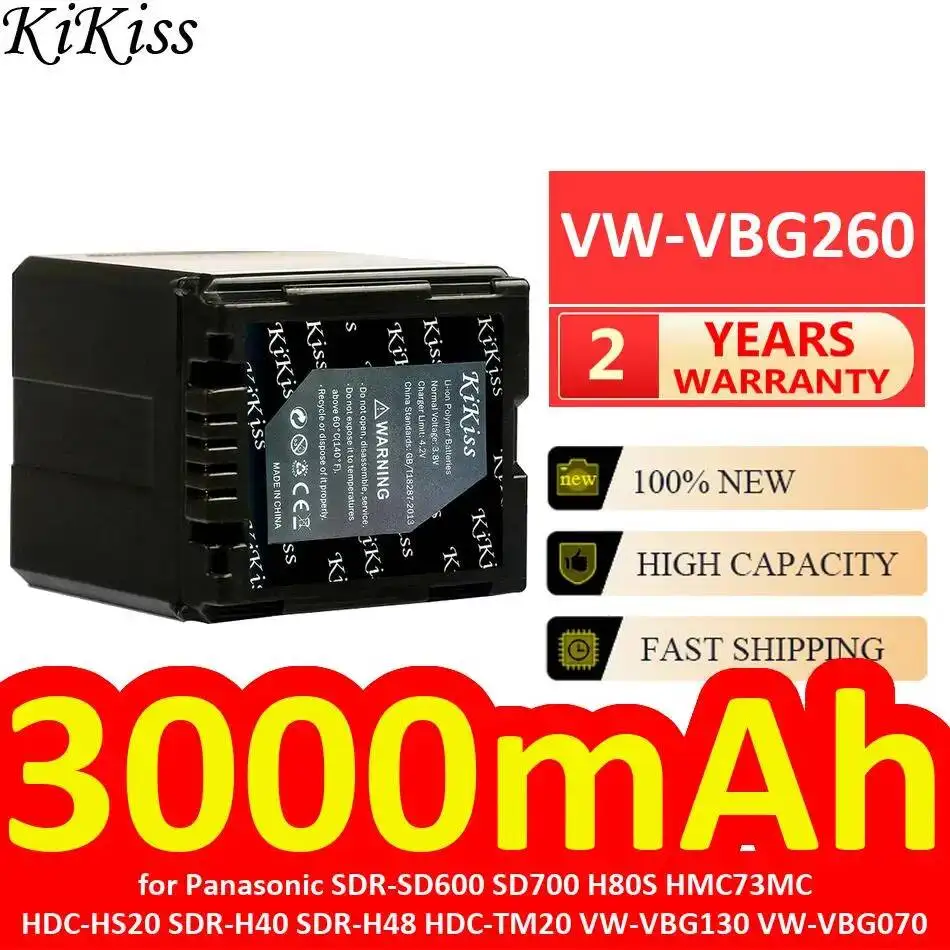 Battery VW-VBG260 3000mAh For Panasonic Sdr-SD600 SD700 H80S HMC73MC Hdc-HS20 Sdr-H40 Sdr-H48 Hdc-TM20 VW-VBG130 VW-VBG070