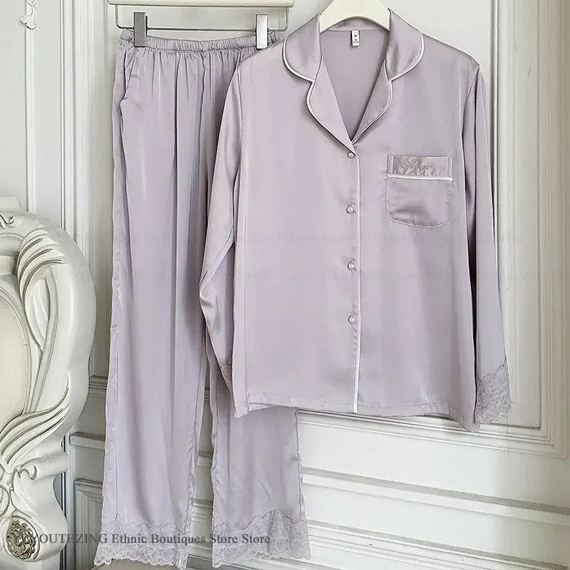 

Autumn New Long Sleeve Pijamas Trouser Suits Silky Satin Sleepwear Home Clothing Pyjama Loose Casual Pajamas Set Loungewear