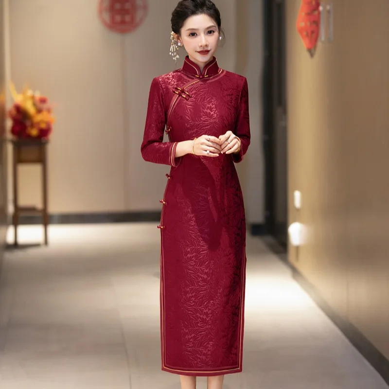 Yourqipao Long-sleeved Mother Of The Bride Cheongsam Plus Velvet and Thickened Winter Chinese Wedding Guest Dress Women Qipao