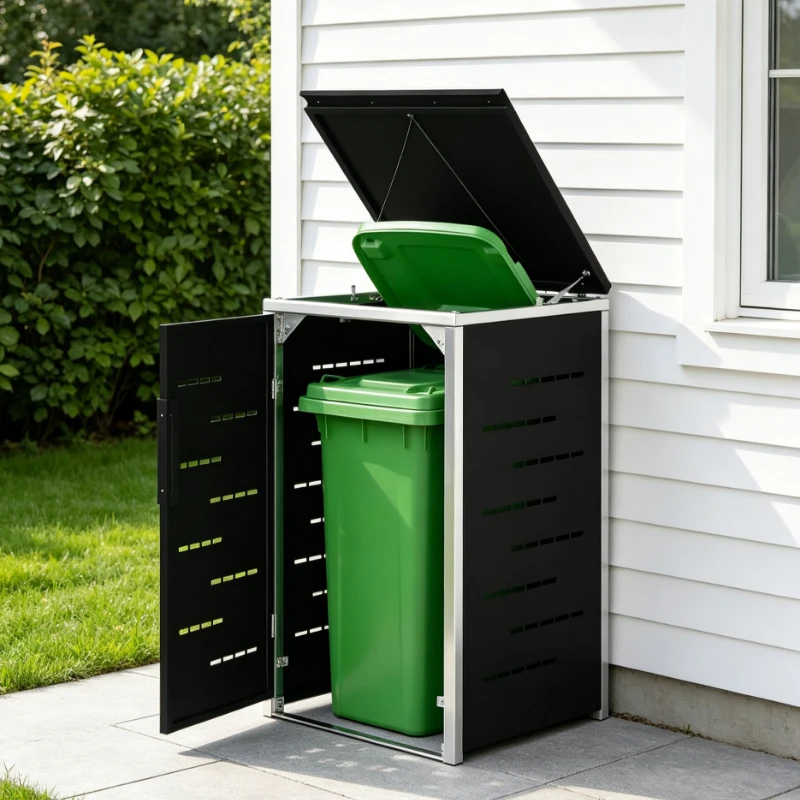 Armoire de rangement extérieure noire pour poubelle de 240 L, avec couvercle à fermeture douce et porte magnétique, structure ventilée extensible pour le contrôle des odeurs, organisateur pratique pour le jardin, la cour et le garage.