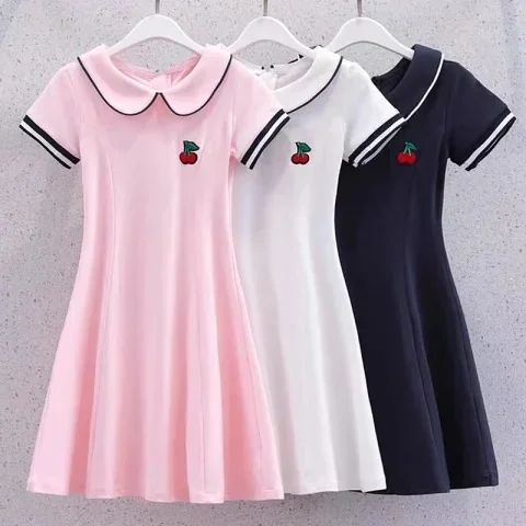 

2024 Summer New retro Girls long fruit Cotton peter pan Collar Teenager striped Preppy Dresses Baby Clothes Toddler 8 10 12 year