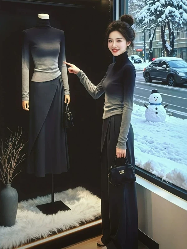 Women's Gradient Color High Collar Knitted Slim Fit Base Shirt Autumn Winter Fashion Inner Wear Pile Collar Regular Shoulder Top