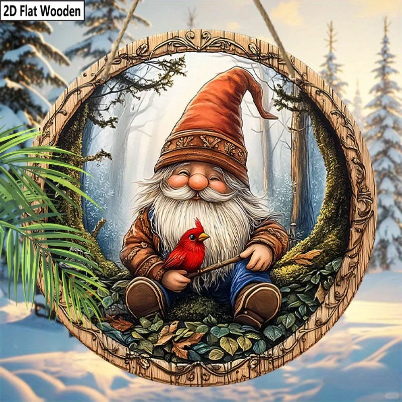 2D Flat, 1pc Christmas Gnome with Red Bird Decoration - Vintage Winter Forest Scene - Recycled Artificial Wood Hanging Sign - No