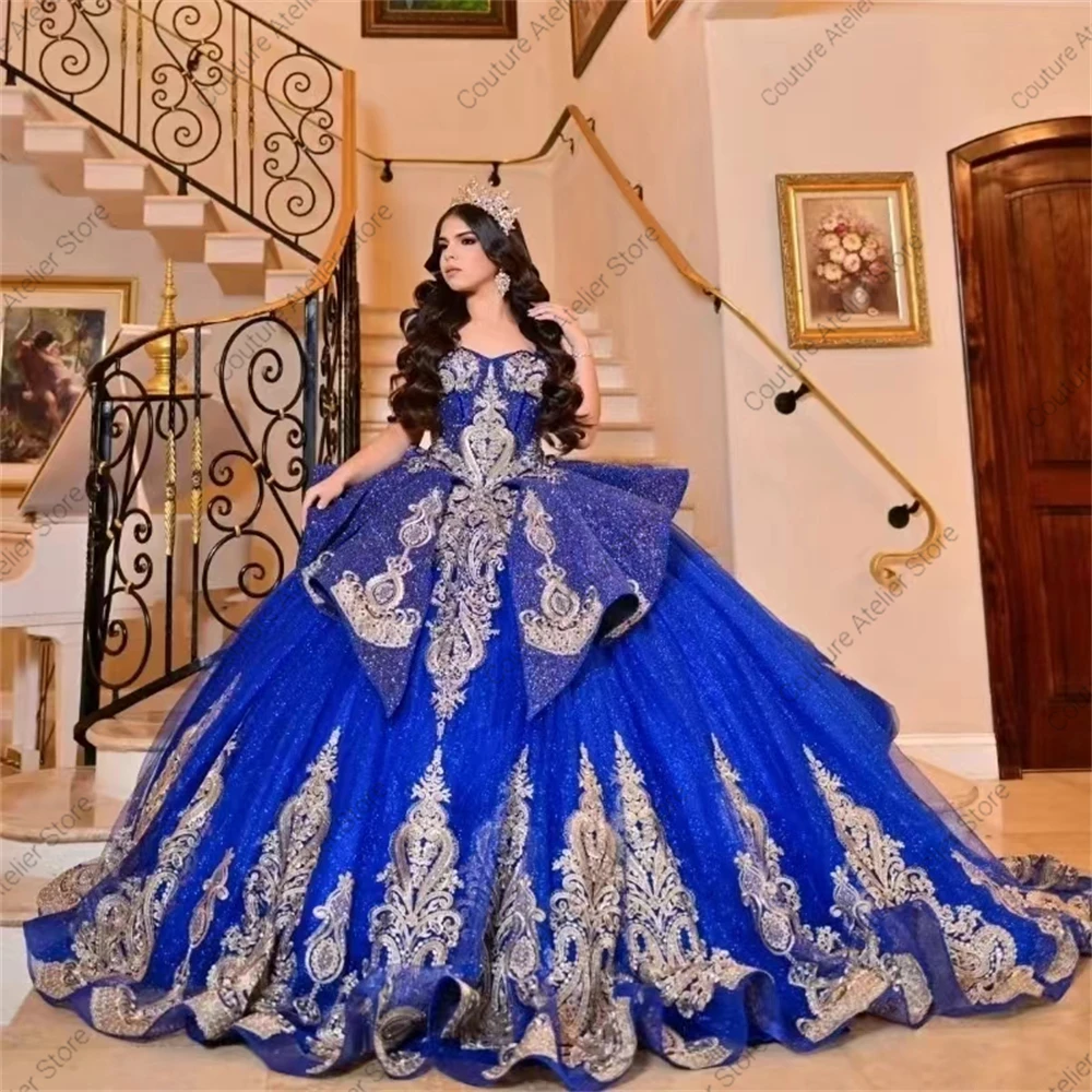 ゴールドのアップリケが付いた豪華なロイヤルブルーのドレス,誕生日パーティーや卒業式のための豪華なメキシコのビーズのボールガウン